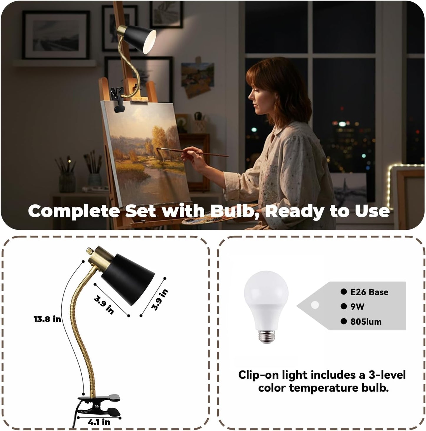 Desk lamp Eye-Caring Table Lamps, 360°Rotation Gooseneck Clip on Lamp Reading Light Portable Reading Book Light Clamp Study Desk Lamps for Bedroom and Office Home Lighting (Black)