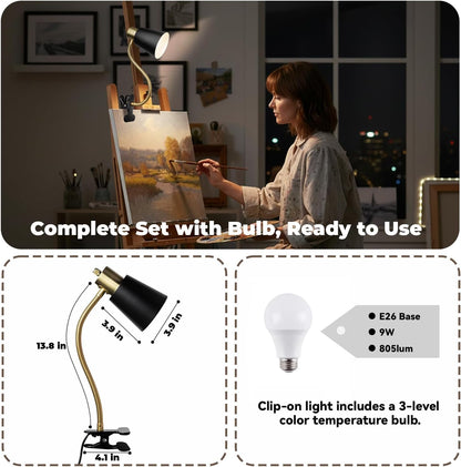 Desk lamp Eye-Caring Table Lamps, 360°Rotation Gooseneck Clip on Lamp Reading Light Portable Reading Book Light Clamp Study Desk Lamps for Bedroom and Office Home Lighting (Black)