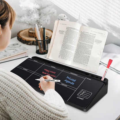 DOLLAR BOSS Glass Desk Whiteboard Calendar Small Dry Erase Board Desktop White Board with Storage Drawer Computer Keyboard Stand Desk Organizer, Colorful Weekly Calendar, Black