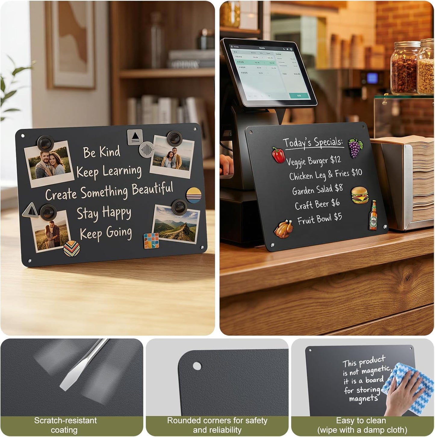 Black Magnetic Bulletin Board to Display Magnetic Notes 3 Installation Methods Multi-Purpose Display Board for Souvenir Magnets Fridge Stickers Photos Spice Jars Desktop Board for Home Kitchen Office