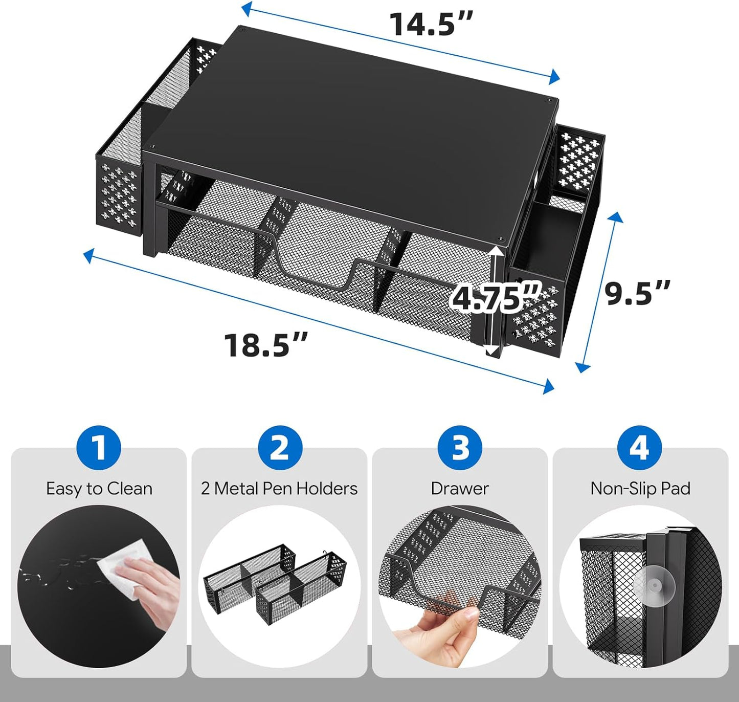Simple Trending Desk Organizer and Accessories, 2 Tier Computer Metal Monitor Stand Riser with Drawer and Pen Holder for Laptop, Computer, iMac, Black