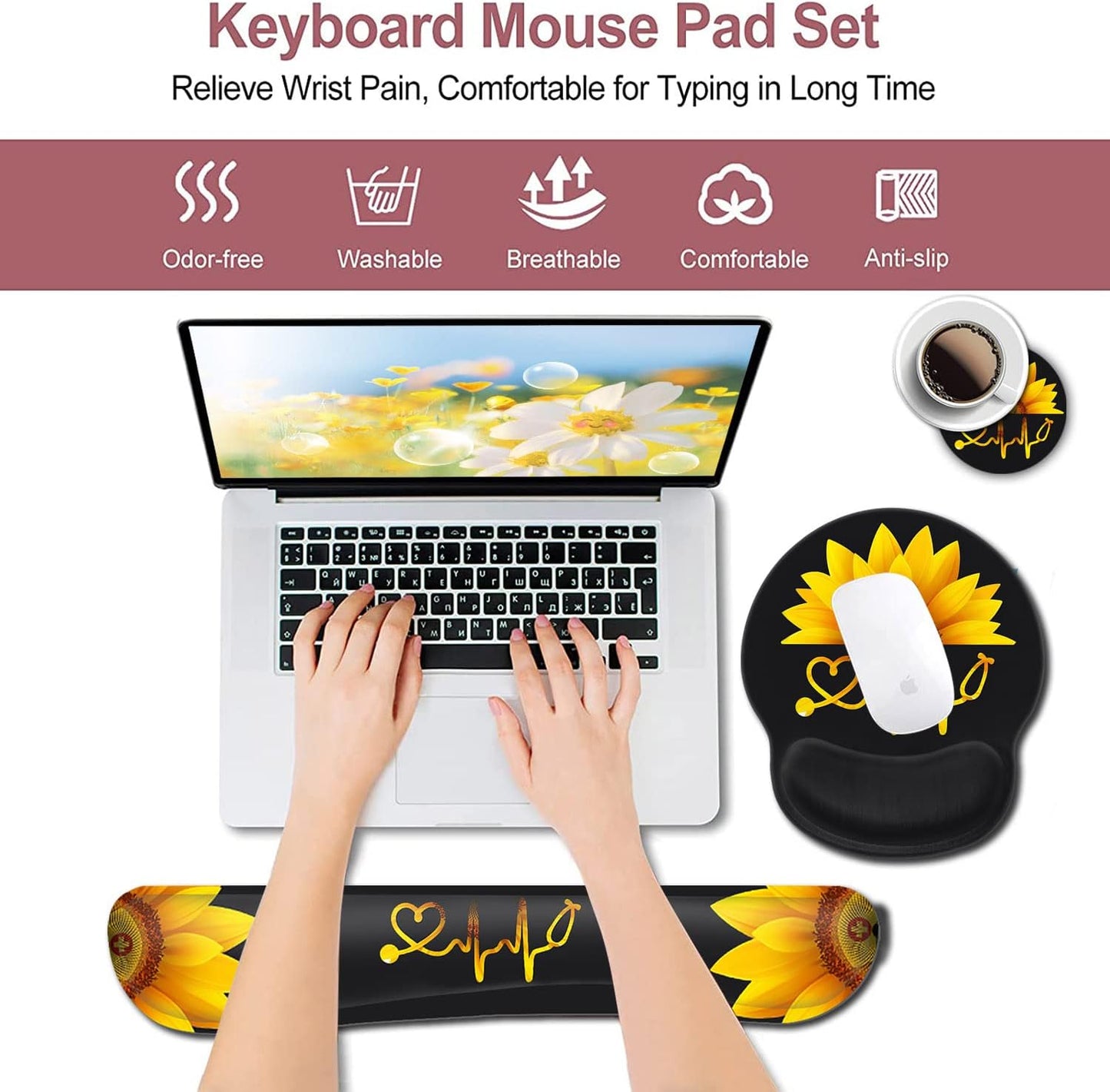 Mouse Pad with Wrist Support, Ergonomic Gel Mouse Pad Beautiful Flowers,Pink Hyacinths on Wood Panel，Non-Slip Durable, Memory Foam Keyboard Wrist Rest, Suitable for Office Typing Games