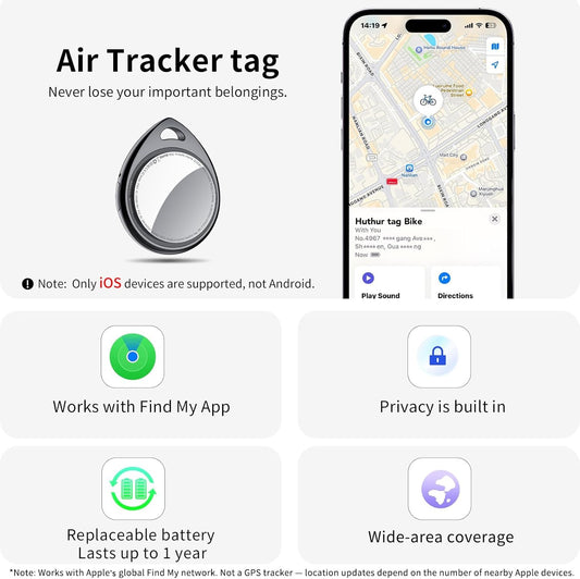 Air Tracker Tags-4 Pack, 5.3 Bluetooth Tracker Work with Apple Find My (iOS Only), 100dB Sound, Smart Tag with Keychain/Lanyard, Item Finder for Luggage/Key/Suitcase, Replaceable Battery, Black.