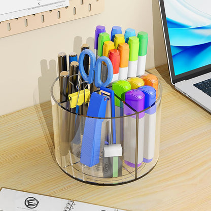 Mefirt Acrylic Pen Holder, 360 Degree Rotating Pen Organizer, Rotating Desk Acrylic Office Organizer with 6 Compartments, Marker Organizer for Kid, Crayon Caddy School Art Supply Storage Organizer