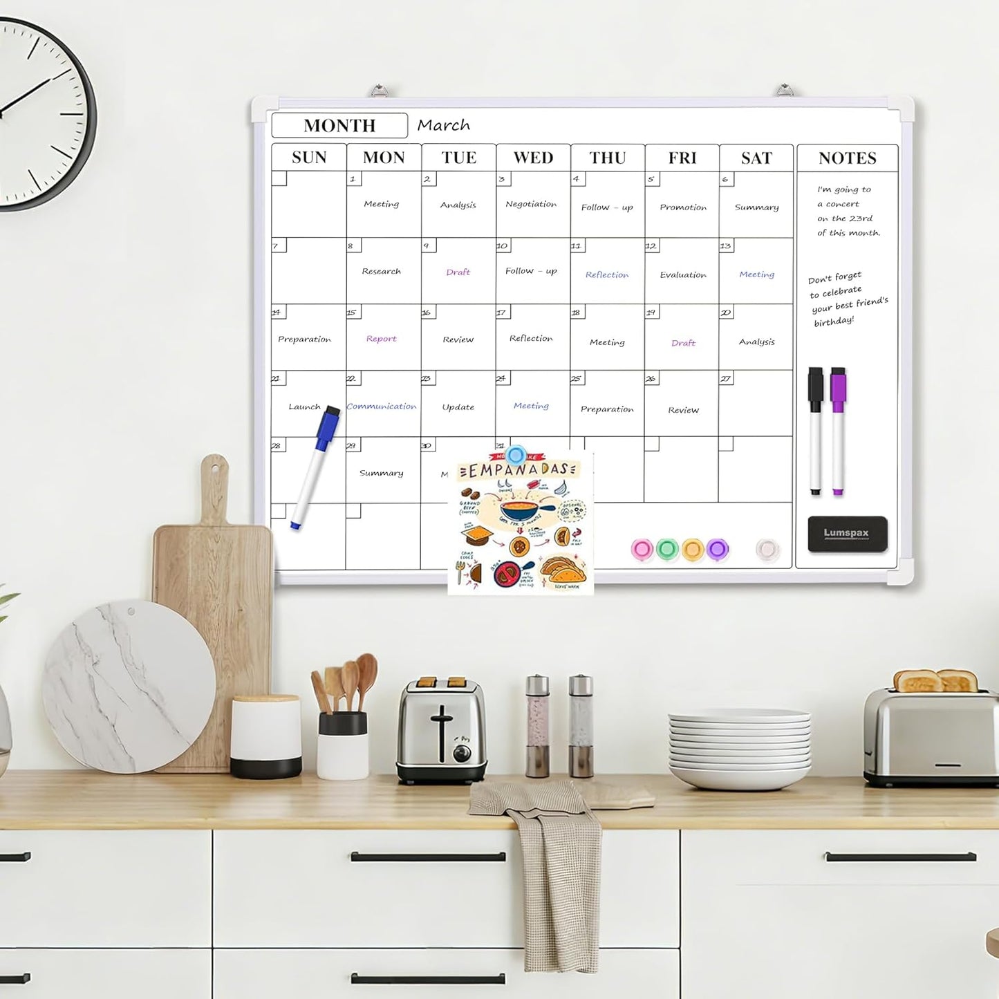 Monthly Whiteboard Calendar for Wall, Small 16" x 12" Dry Erase Board with Plastic Frame, Hanging Dry Erase Calendar with 3 Mini Sticky Notes for Kitchen Planner, Memo, Home and Office