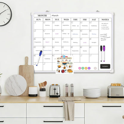 Monthly Whiteboard Calendar for Wall, Small 16" x 12" Dry Erase Board with Plastic Frame, Hanging Dry Erase Calendar with 3 Mini Sticky Notes for Kitchen Planner, Memo, Home and Office