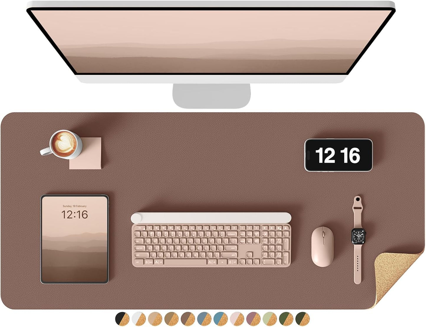 YSAGi Double-Sided Desk Pad, 31.5"x15.7"Leather Desk Mat, Eco Cork Desk Pad Protector,Large Mouse Pad,Waterproof Desk Blotter for Office/Home(Coffee)