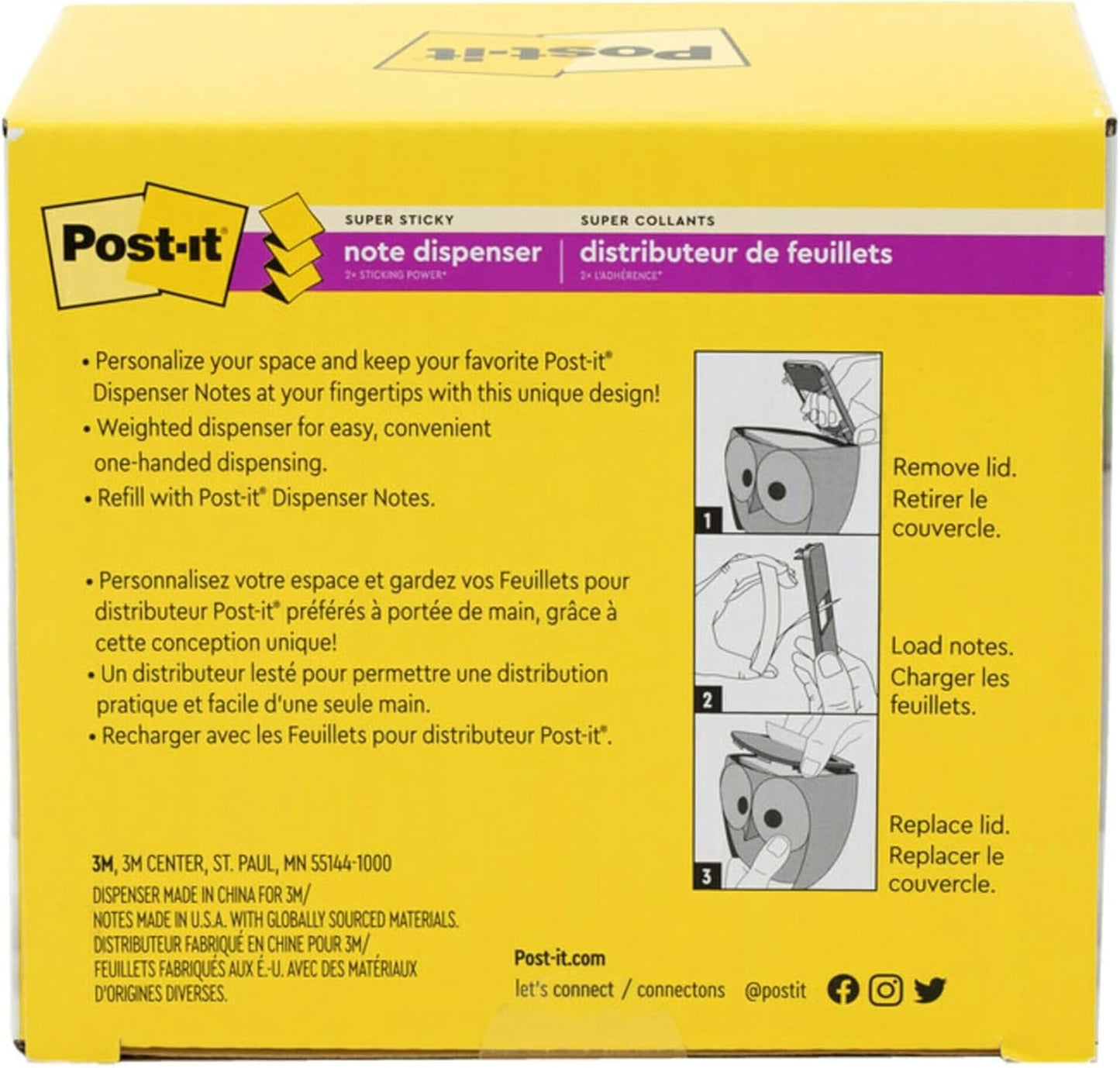 Post-it Note Dispenser, Sticky Note Holder, Black Owl Design, Includes 45 Sheets of 3 in x 3 in Citron Yellow Pop-Up Notes, Classroom or Office Supplies