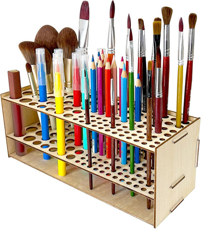 Wooden Paint Brush Holder 105 Holes Paintbrush Holder Organizer Paint Brush Stand Rack with Silicone Rings for Pens Pencils Artist