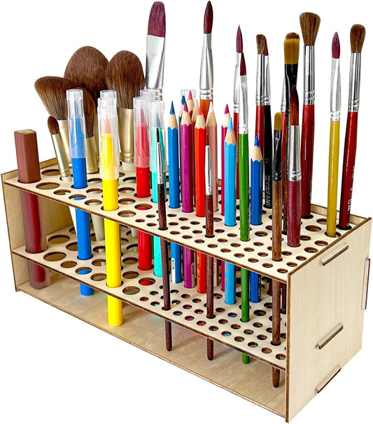 Wooden Paint Brush Holder 105 Holes Paintbrush Holder Organizer Paint Brush Stand Rack with Silicone Rings for Pens Pencils Artist