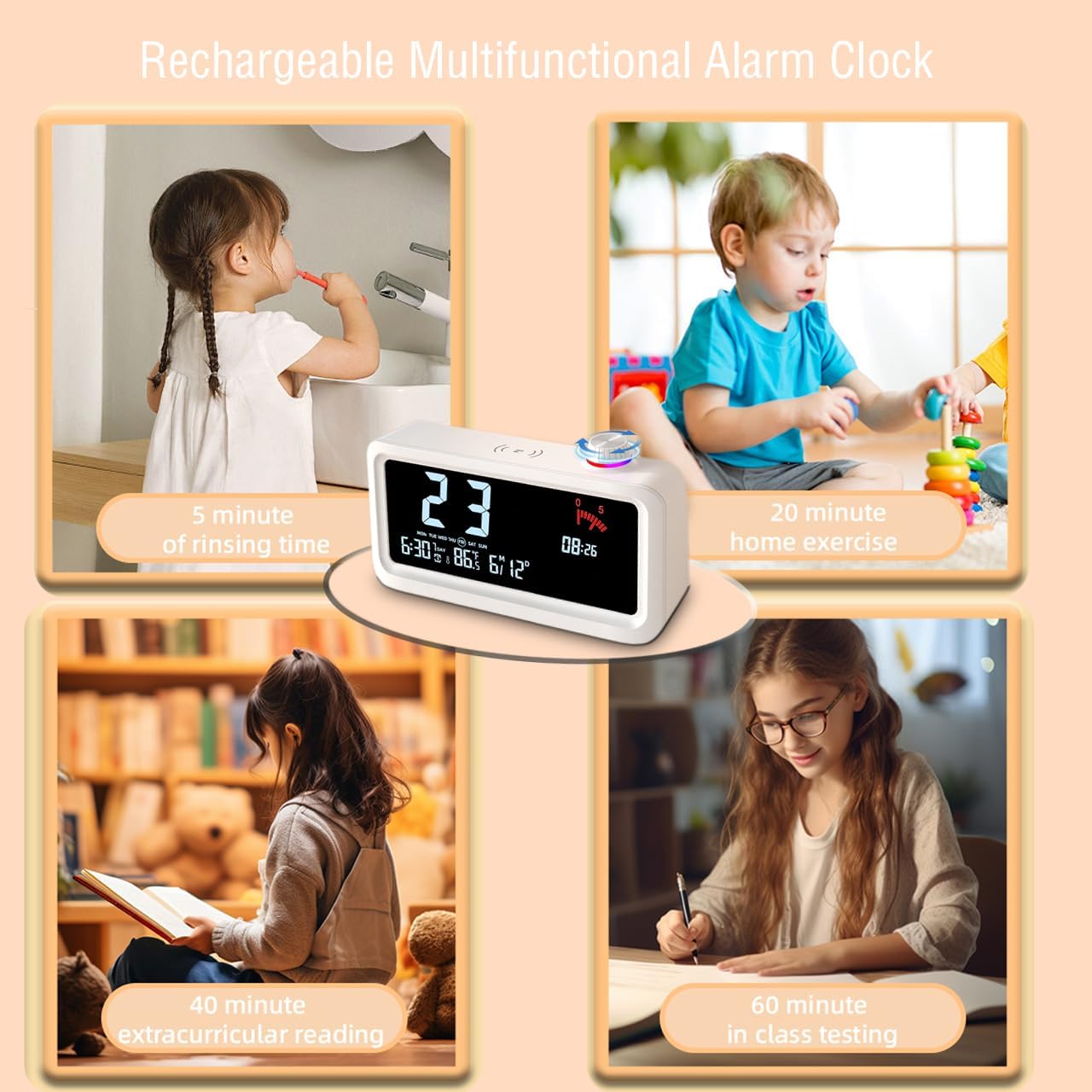 60-Minute Visual Timer for Kids, Pomodoro Timer, Rechargeable Alarm Clock, Dual Display, LCD Time Reminder - Ideal for Homeschooling, Teaching, and Time Management Gifts for Kids (White)