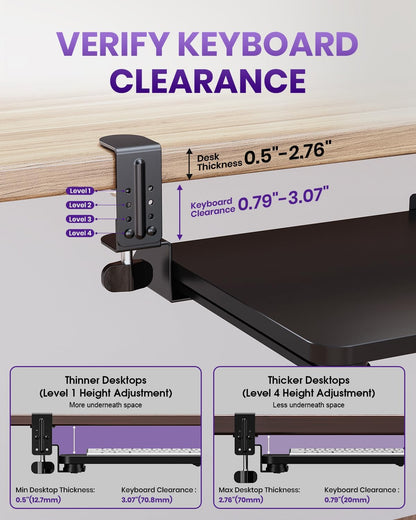 Ergonomic Mouse & Keyboard Tray Under Desk, Pull Out with Adjustable C-clamp, 20 (25.9 Including Clamps) x 11.8 Inch Slide Out Computer Keyboard Drawer Mouse Tray for Typing, Rustic Brown
