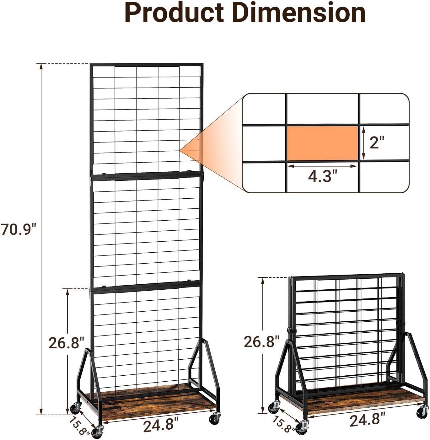 ELYKEN Foldable Grid Wall Panels 5.7' x 2' FT, Movable Wire Gridwall Display Rack with Wheels and Adjustable Foots, Retail Display Stand for Vendor with Storage (Rustic Brown)