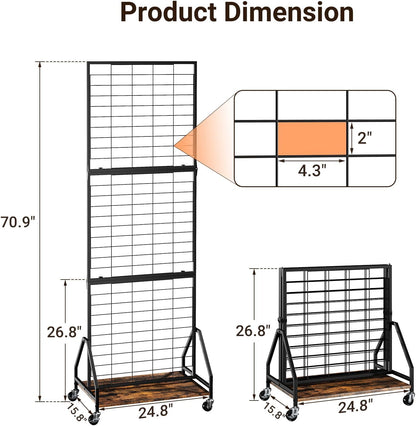 ELYKEN Foldable Grid Wall Panels 5.7' x 2' FT, Movable Wire Gridwall Display Rack with Wheels and Adjustable Foots, Retail Display Stand for Vendor with Storage (Rustic Brown)
