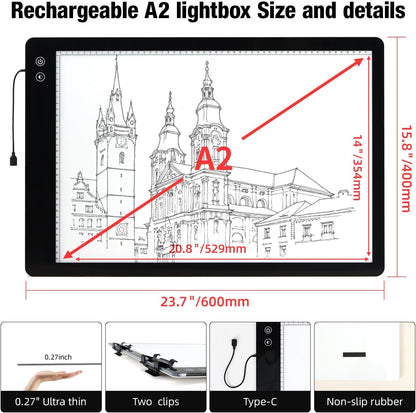 Rechargeable A4 Light Box with Padded Case,led Light pad with Built-in Stand & Clip,6 Levels of Brightness lightbox for tracing,Diamond Painting.Light Table for Artists,Drawing,Sketching,Animation