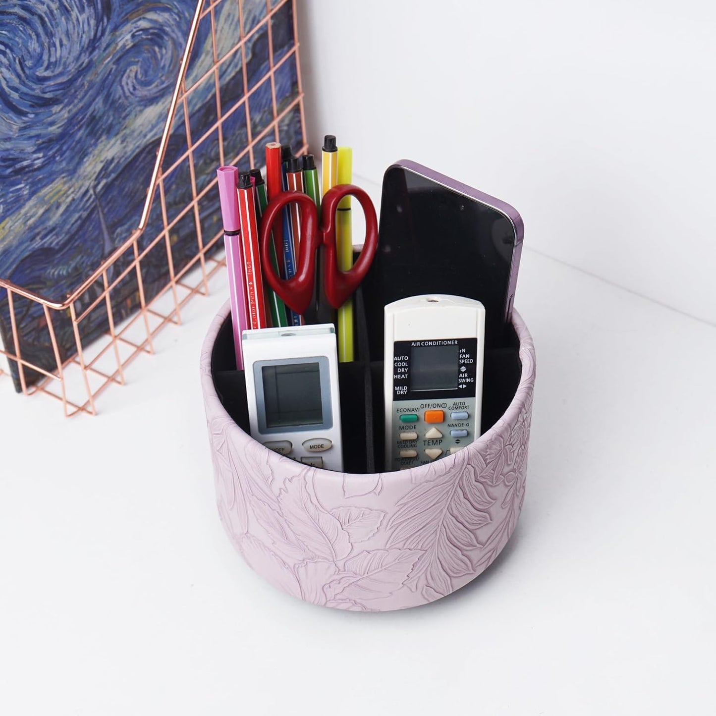 Round Leather Art Supply Organizer,Remote Control Holder,360 Degree Rotating,Multi-Functional Pencil Holder,4 Compartments Desktop Stationary Organizer(1-Fractal Flower) | Round - Colors B