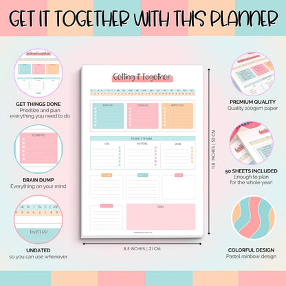 Templatables Brain Dump Notepad, To Do List Desk Pad, Productivity Planner, ADHD Daily Planner | 50 Undated Tear Away Sheets A4 (Colorful)