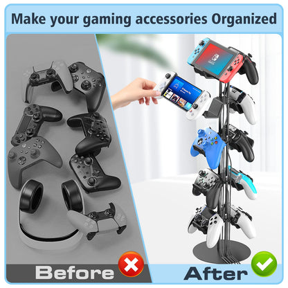 Kytok Controller Stand 4 Tiers with Cable Organizer for Desk, Universal Headphone Stand Compatible with Xbox PS5 PS4 Console Nintendo Switch, Headset Holder & Desk Mounts for 8 Packs Controller