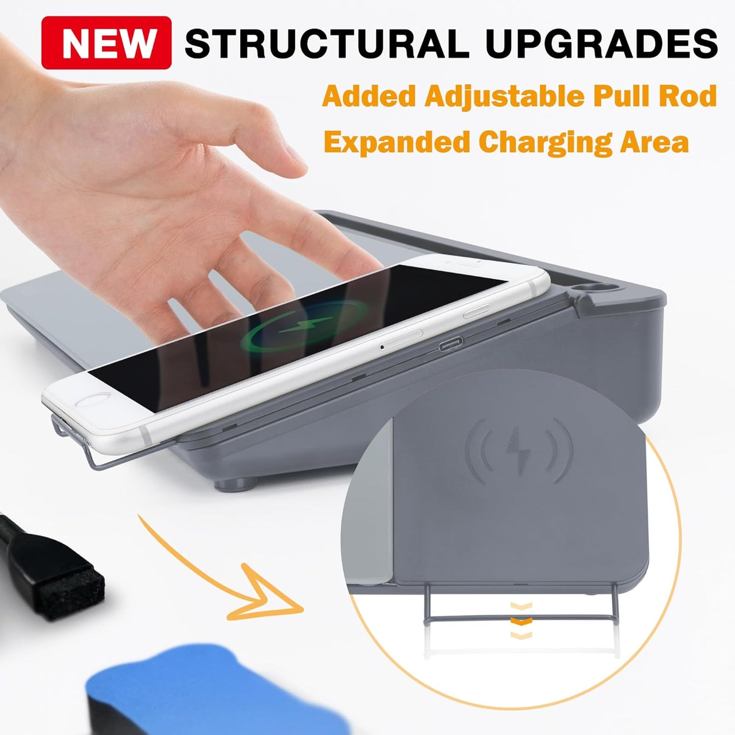 SELEAD Desktop Glass Whiteboard with Wireless Charger Station, Dry Erase Board Computer Pad Keyboard Stand with Organizer for Home, School, Office Desk Accessories, Black