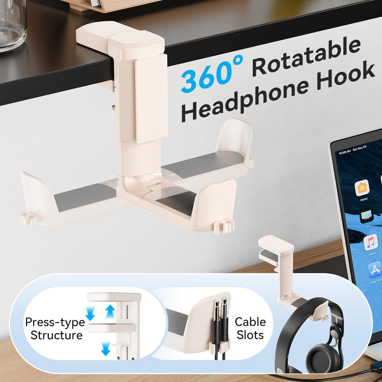 4 in 1 Desk Cup Holder with Storage — Clamp-On Under Desk Cup Holder & Rotating Headphone Hanger, Built-in 2 Wire Holes, Detachable Storage Compartment for Cups, Phones & Pens Desktop Accessories
