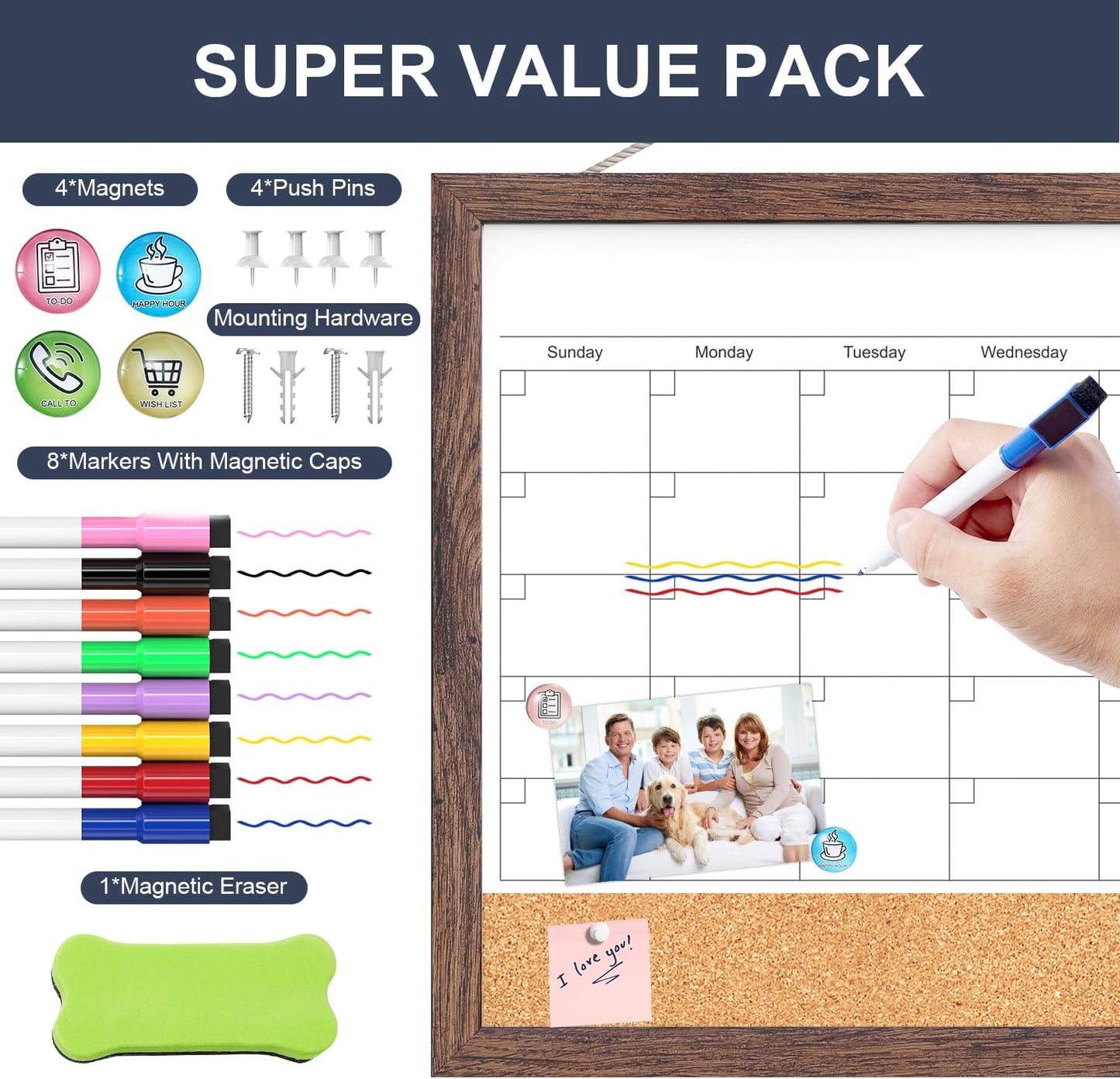 Calendar Whiteboard for Wall, TANKEE 17x13 Inches Whiteboard Calendar Cork Board Combo, Small Magnetic White Board with Wood Framed, Hanging Dry Erase Board for Kitchen Home Office School Planner