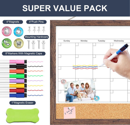 Calendar Whiteboard for Wall, TANKEE 17x13 Inches Whiteboard Calendar Cork Board Combo, Small Magnetic White Board with Wood Framed, Hanging Dry Erase Board for Kitchen Home Office School Planner
