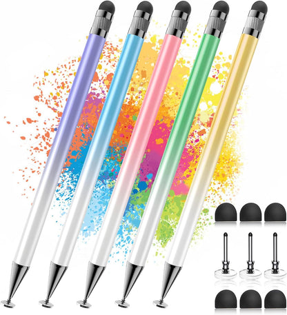 Bopomofo Stylus (5 Pcs), 2-in-1 Stylus Pen for Touch Screen, High Precision and Sensitivity, Suitable for iPhone/ipad/Android Tablets, Compatible with Touch Screens (Black/White/Blue/Rose Gold/Silver)
