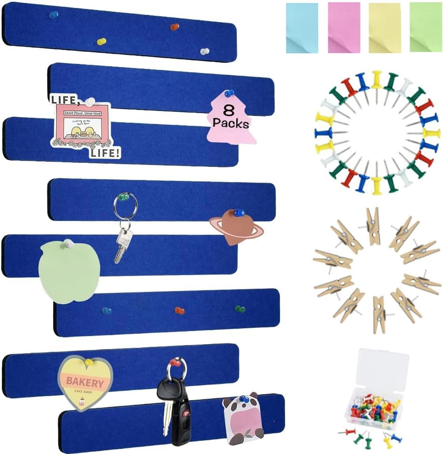 Vuzvuv 8 pcs Bulletin Board Bar Strips with 50 Pushpins & 10 Wooden Clip pins，Self Adhesive Cork Board for Wall，Felt Pin Board for School，Office Decor（Black White Grey）
