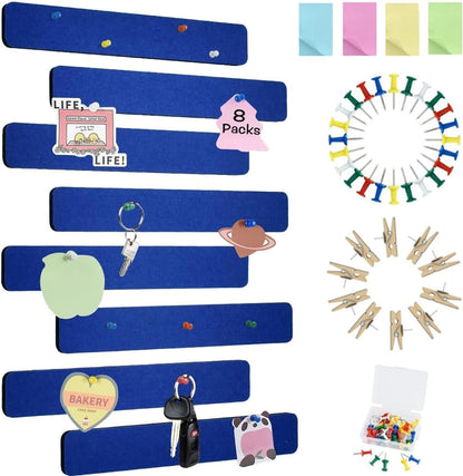 Vuzvuv 8 pcs Bulletin Board Bar Strips with 50 Pushpins & 10 Wooden Clip pins，Self Adhesive Cork Board for Wall，Felt Pin Board for School，Office Decor（Black White Grey）