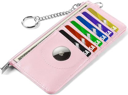 RFID Blocking Slim Credit Card Holder Wallet with Zipper Money Pocket & Keychain, Slim Airtag Wallet for Men Women