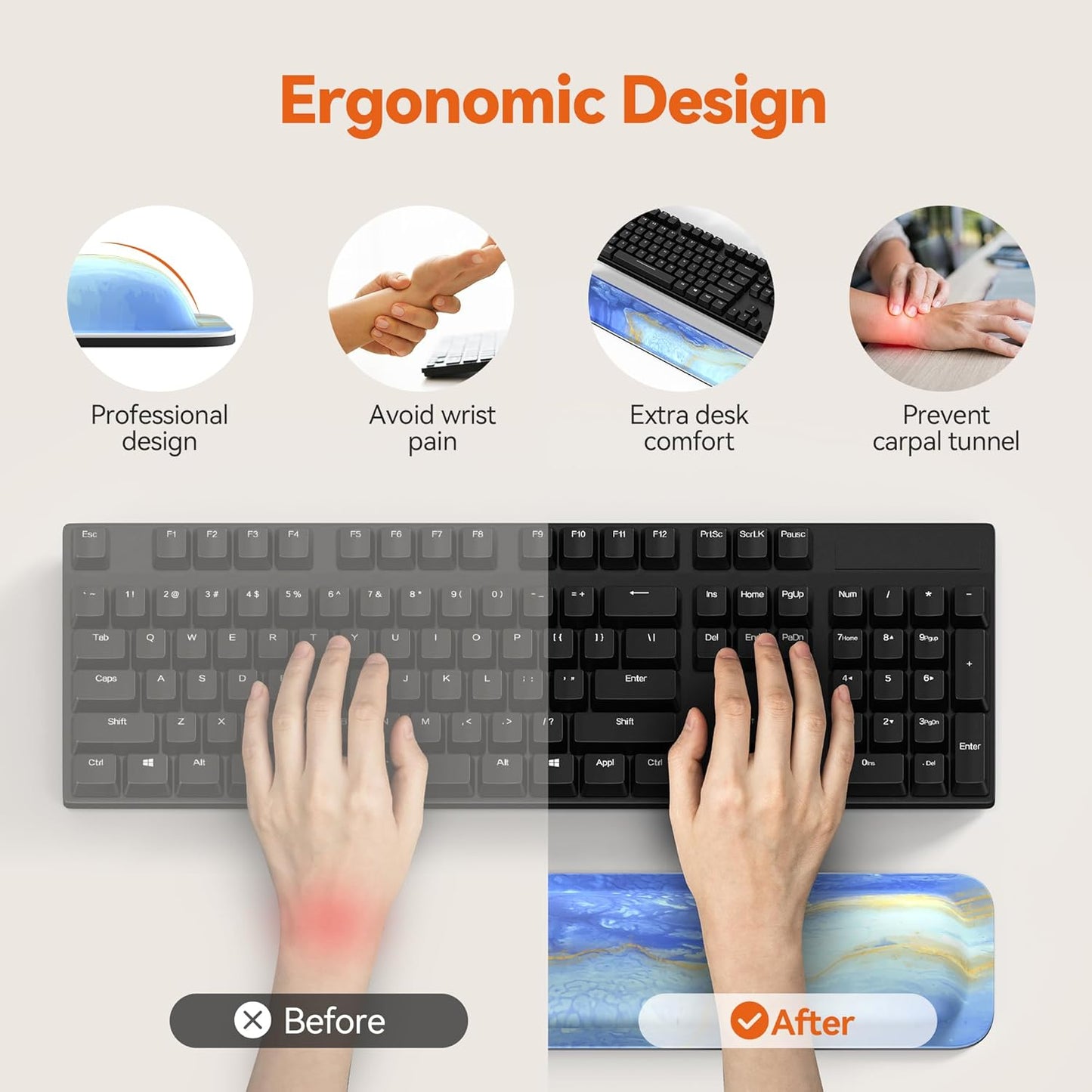 TECKNET Wrist Rest for Computer Keyboard, Thicken Memory Foam Wrist Support Pad for Keyboard, Ergonomic Palm Rest for Pain Relief, Anti-Slip Rubber Base, 17x3.3 in, 1 inch (25mm), Black