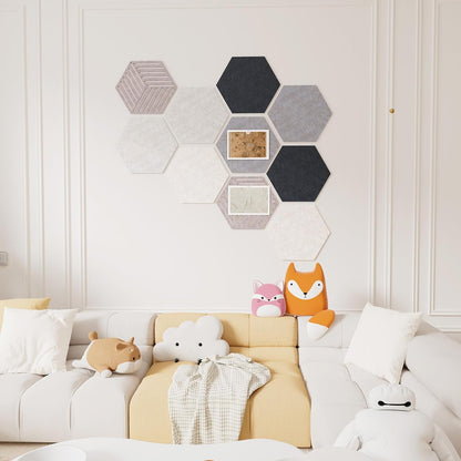 FOCHIER F 10PCS Hexagon Cork Boards for Walls Decor,12"*10.2" Felt Bulletin Board Tiles Sets for Home Office Class Kitchen with 50 Push Pins,Self Adhesive DIY Pin Board for Photos Memos