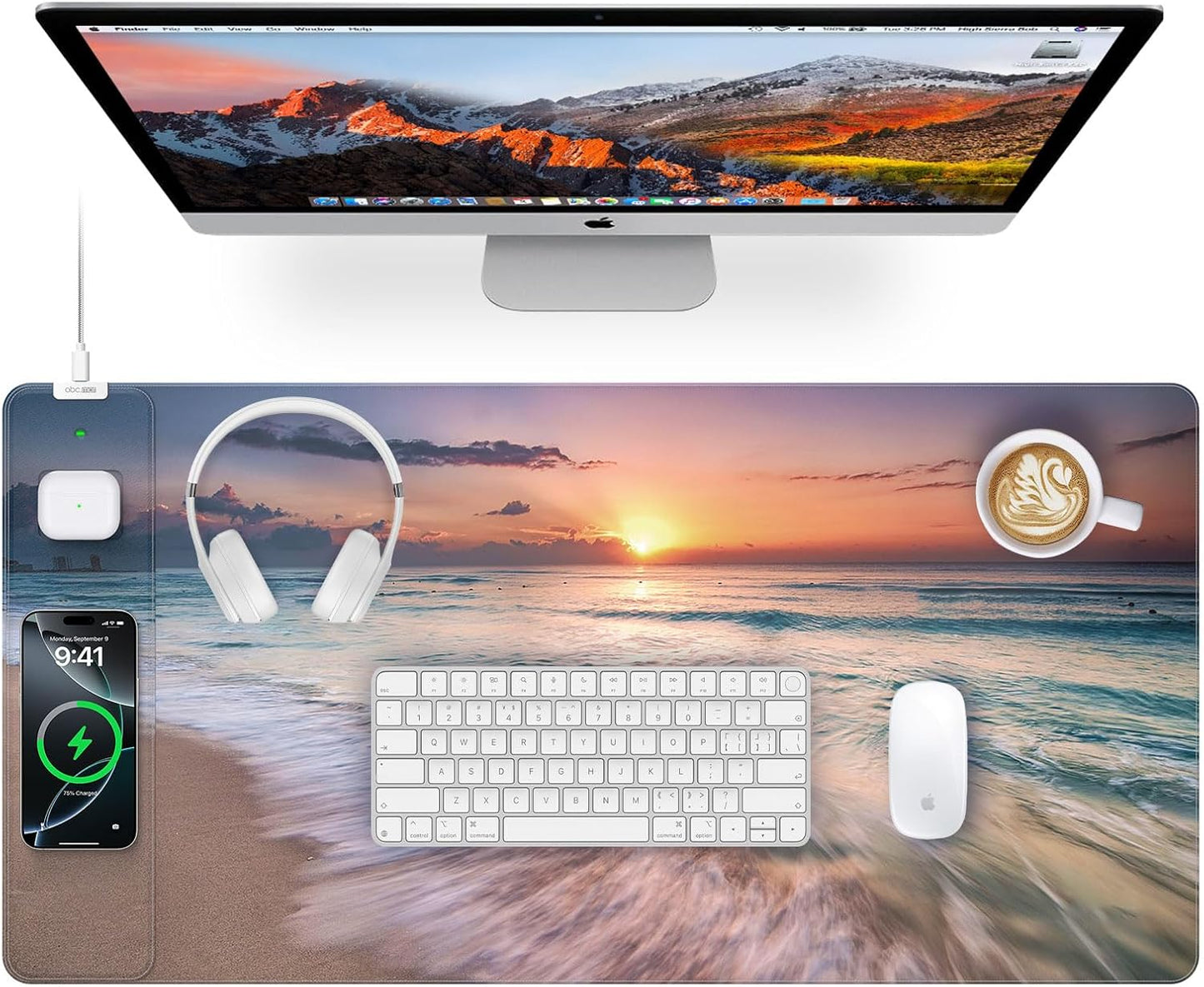 Wireless Charging Mouse Pad with Foldable Phone Holder, 31.5"x15.8" Large Desk Mat for Laptop/Keyboard, Waterproof Ultra-Smooth Surface, Non-Slip Base, Black