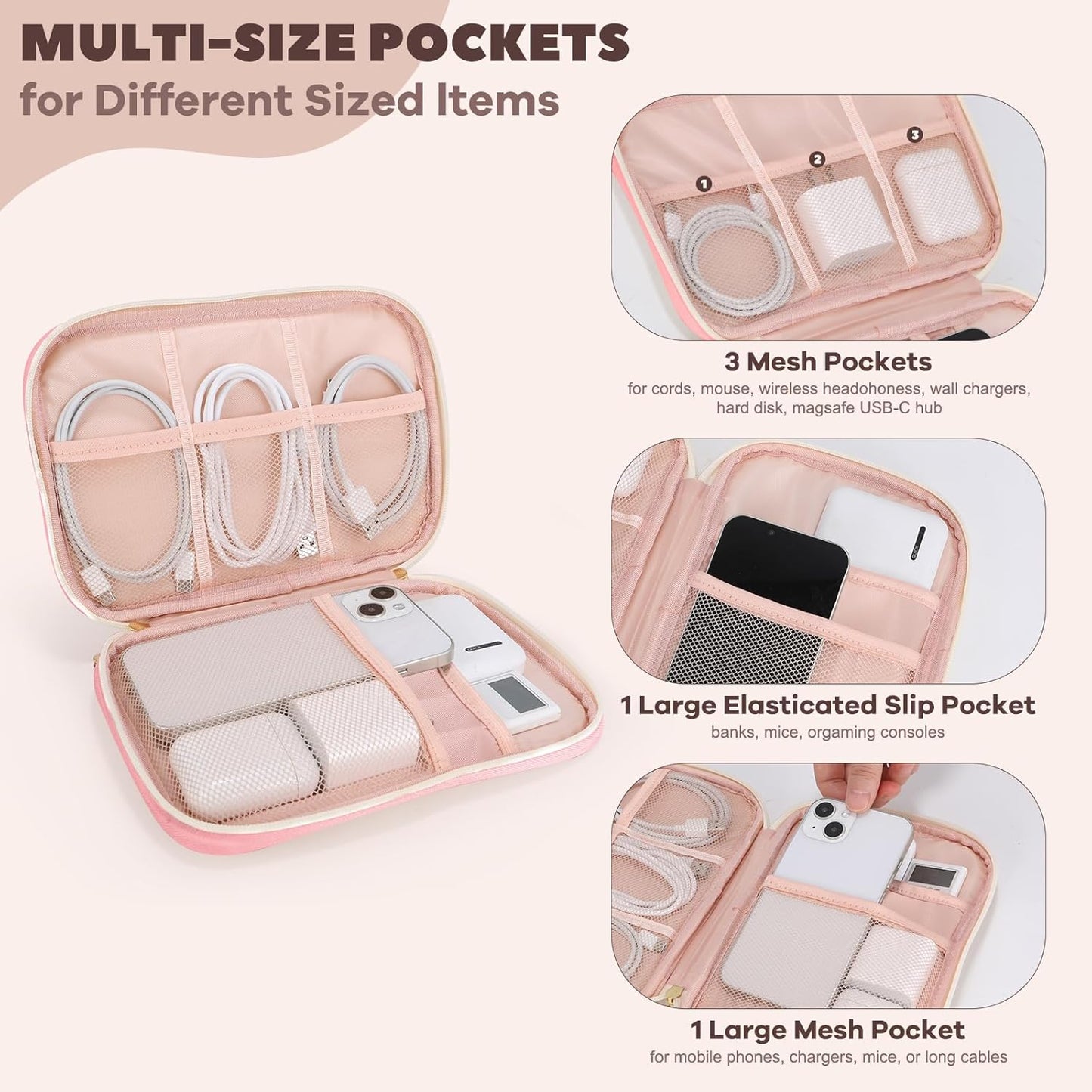 Electronics Organizer Travel Case, Charger Bag Cord Organizer Travel, Compact Tech Pouch Cable Organizer Bag for Charger, Cords, Phone, Headphones, Flash Drive, SD Card (Pink, Small-Double Layer)