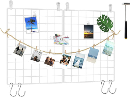 C&AHOME Photo Wall Display Set of 2, Grid Panel with Hooks, Clips, Hemp Cord, Hammer - 15.7" x 11.8", White UWWGM3402W