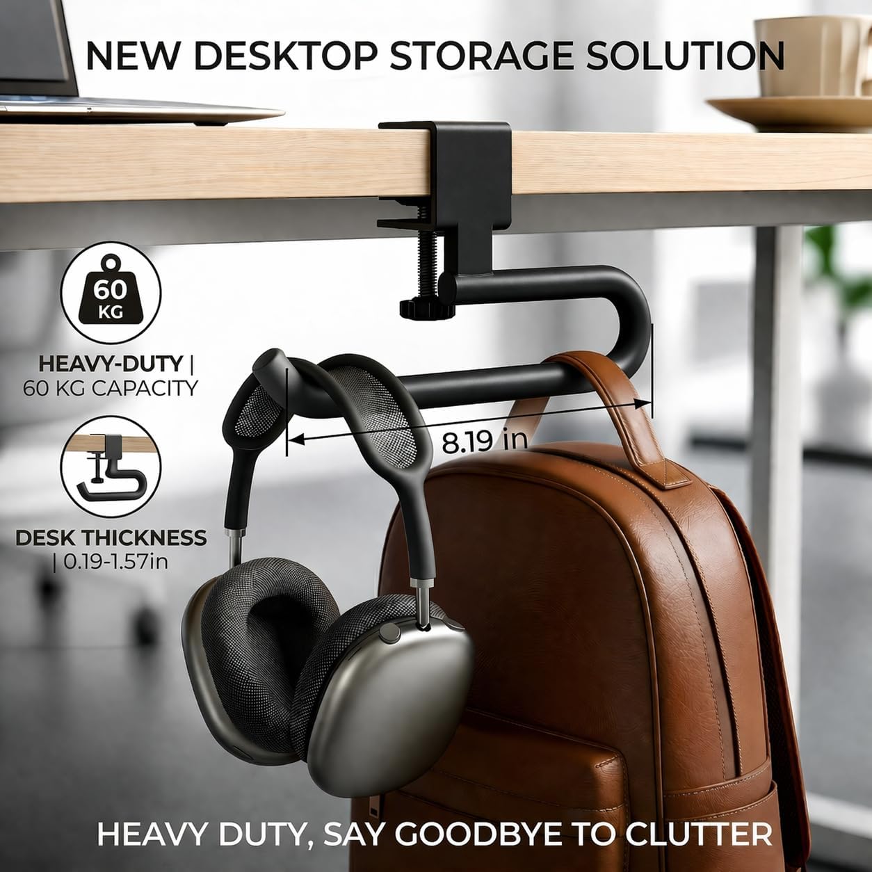 Desk Hook & Bag Hooks for Tables, Anti-Slip 60LB Heavy Duty Clamp-On Backpack Hanger, Extended Clearance Bag Holder for Desk for Office & Gaming, Adjustable (0.19-1.57in) (White)