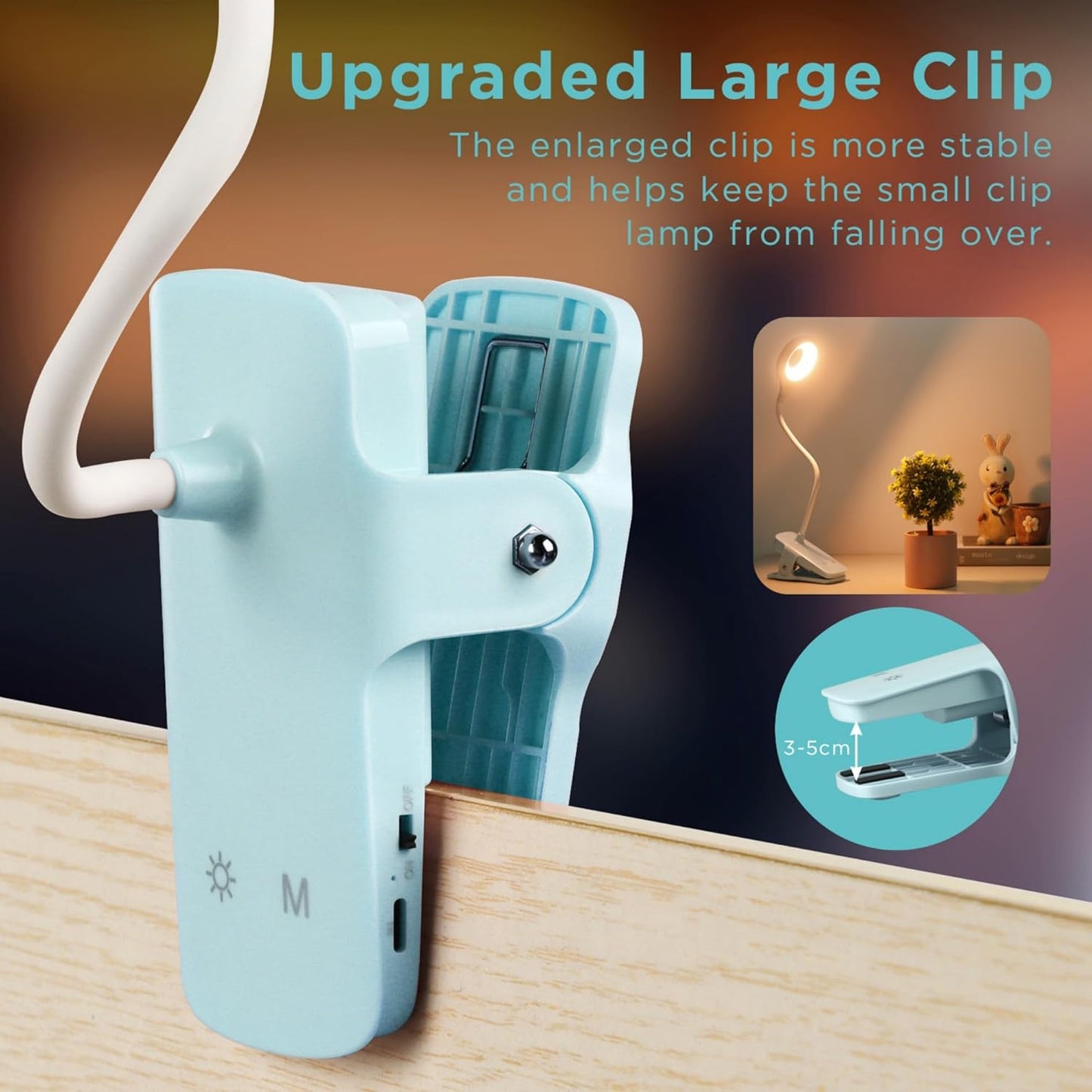 Akynite Desk Lamp LED Clip on Light, 5 Modes 5 Brightness Dimmable Clamp Light, Rechargeable Battery Flexible Clip on Reading Lamp for Bed Headboard Bunk Bed at Night for Kids (Black)