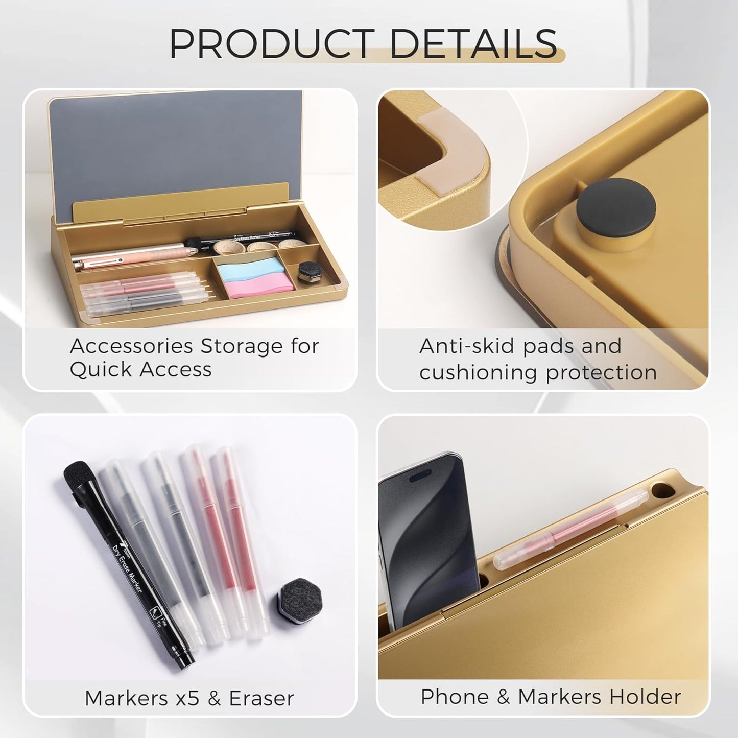 TOWON Small Compact Glass Desktop Whiteboard with Storage – 12 x 7 in Dry Erase Board for Desk, Home Office, School | Includes 5 Markers, Eraser & Holder | Space-Saving Organizer, Aesthetic Rose Gold