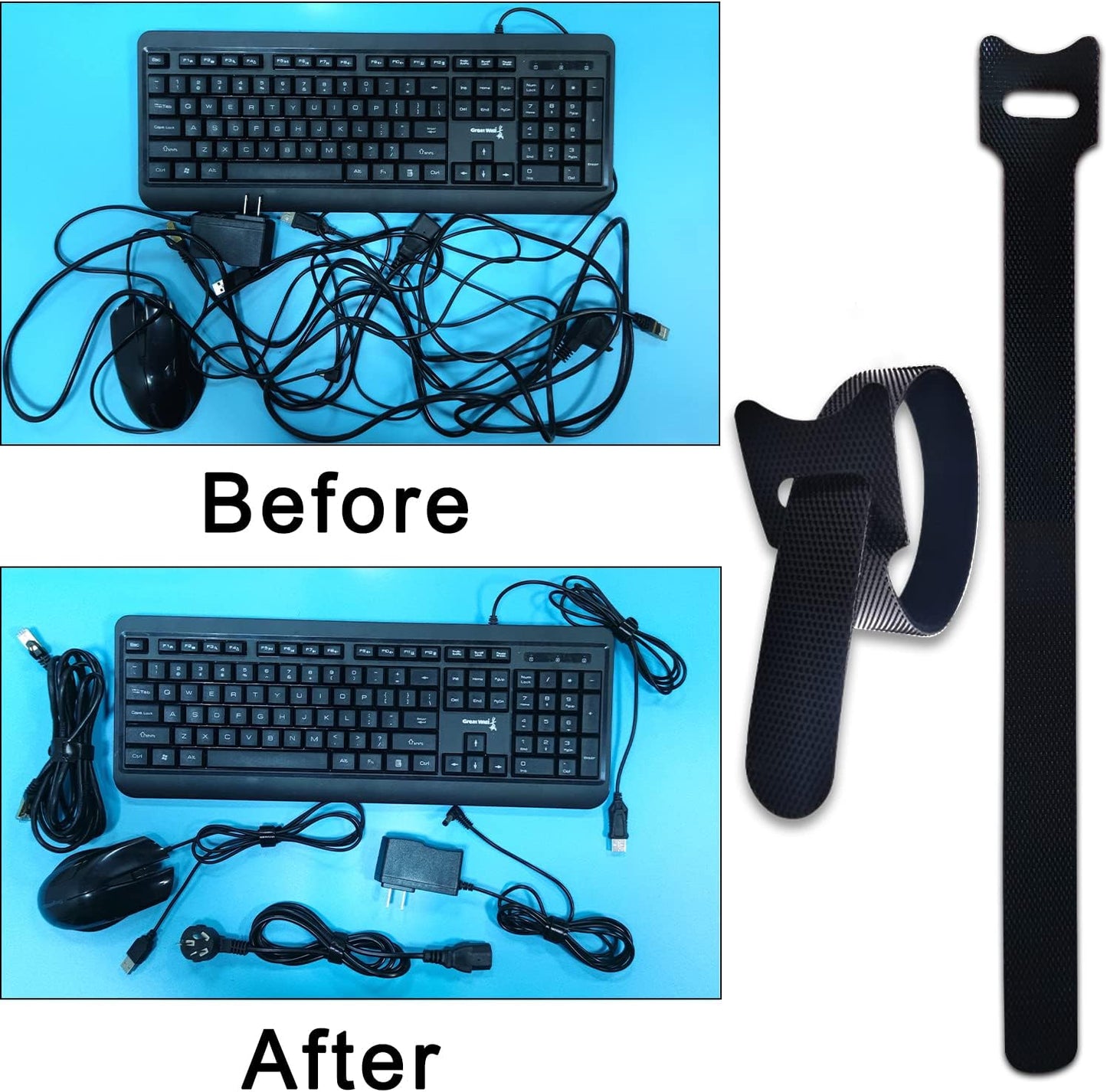 40pcs Reusable Cable Ties - 4 Sizes (6/8/10/12 Inch) - Hook and Loop Cinch Straps for Wire Management - Heavy Duty Cord Organizer & Wire Ties for Electronics, PC, Home & Office