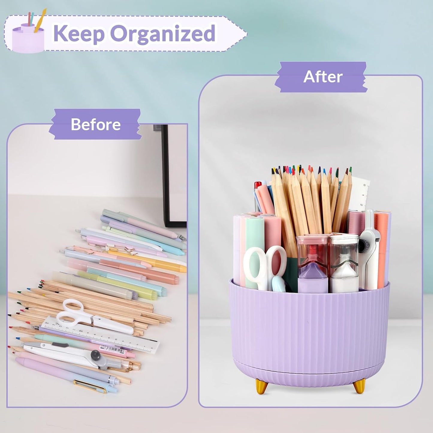 SKYDUE 360 Rotating Plastic Desk Pen Organizer with 5 Slots, Dual-Purpose Art Supply Pencil Cup for Office, School, Home