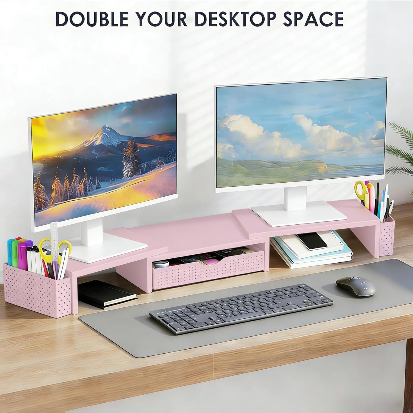 Spacrea Metal Desk Organizers and Accessories, Dual Monitor Stand Riser with Drawer and 2 Pen Holders, Desk Accessories & Workspace Desktop Organizers for Office Supplies (Wood)
