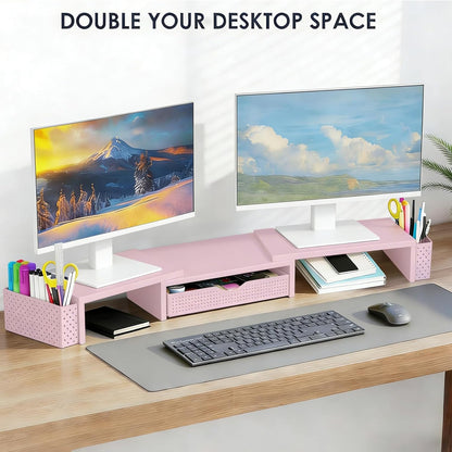Spacrea Metal Desk Organizers and Accessories, Dual Monitor Stand Riser with Drawer and 2 Pen Holders, Desk Accessories & Workspace Desktop Organizers for Office Supplies (Wood)