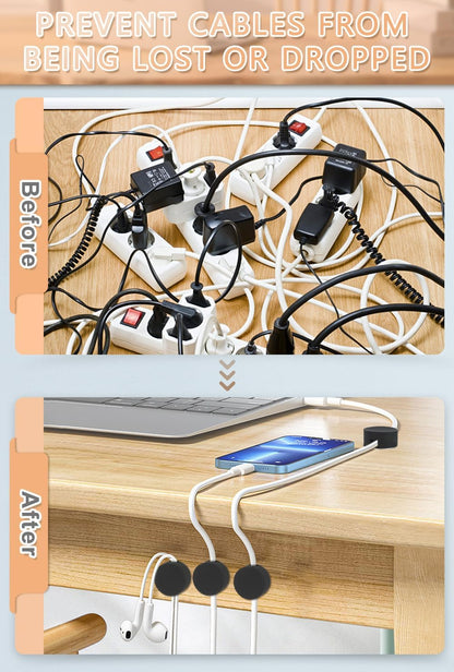 Maveek Magnetic Cord Clips Black, Silicone Cord Organizer Magnet Cable Holder Charging Cable Management Cord Keeper with Adhesive Metal Disc (5 Piece, Large Size)