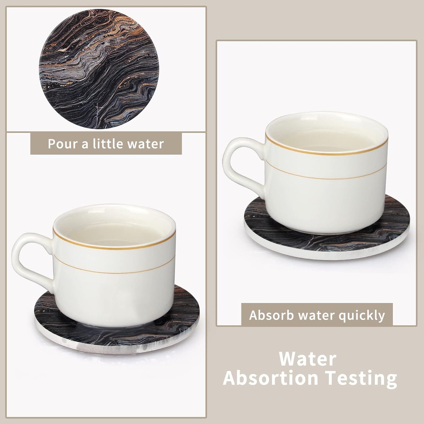 Coasters Set of 6, Navy Blue Marble Abstract Round Ceramic Coasters with Holder, Best Absorbent Drink Coaster Set, Coffee Table Decor for Home Decor House Warming Gifts New Home