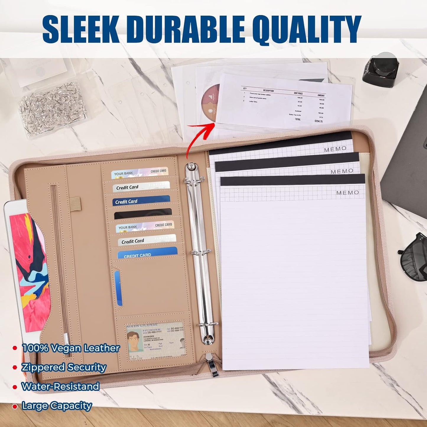 Padfolio Portfolio Folder Binder-Organizer Planner Notebook Zippered Portfolio Padfolio for Women & Men with Document Sleeve,Letter/A4 Size Clipboard,Business Card Holders (Brown Leaf)