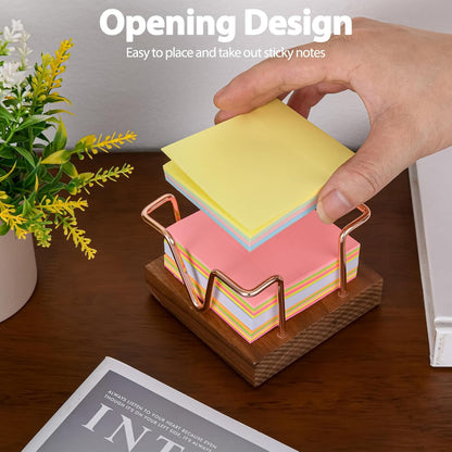 Walnut Wood Sticky Note Holder, 3 x 3 inch Self Stick Note Pad Holder, Post It Note Dispenser Desk Accessories for School and Office Desk Organizer, Gold