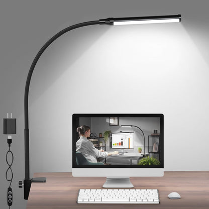 ShineTech LED Desk Lamp with Clamp, Eye-Caring Clip on Desk Light with 3 Color Modes & Stepless Dimming, 360° Flexible Gooseneck Desk Lamp for Home Office College Dorm with USB Adapter