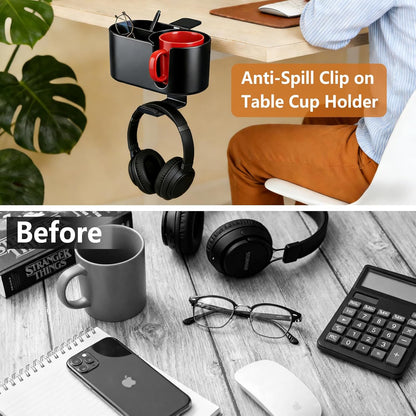 MYITYARD Desk Cup Holder Clamp, Anti-Spill Clip On Table Cup Holder, Rotatable Water Bottle Stand Drink Coffee Mug Storage, Office Accessories for Home and School (Black)