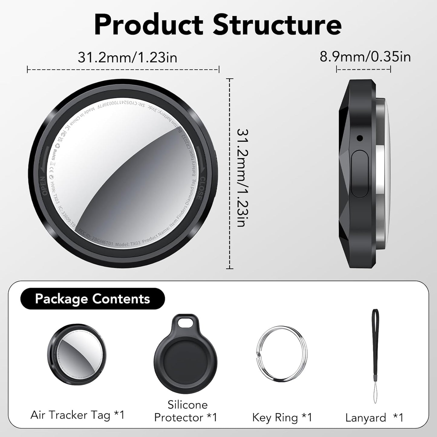 New Tracker Tag-1 Pack (Black), QCOQ Bluetooth 5.3 Tracker Tag Work with Apple Find My (iOS Only), Smart Tag with Protective Case/Keychain/Lanyard, Item Finder for Key/Wallet/Bag, Replaceable Battery