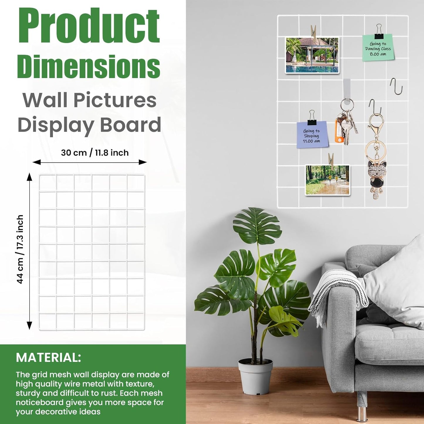 CIKLCIX Metal Grid Wall Panel, Wire Grid Photo Display Organizer, 17.3"×11.8" Gold Wire Board Grid Wall, Grid Picture Frame, 2-Pack Wire Mesh Memo Board With Clips and Hooks